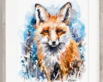 Fox Art PRINT, Red Fox in Winter Watercolour Painting Wall Art, Woodland Decor Animal Sketch, Wildlife Print from Original Painting Unframed