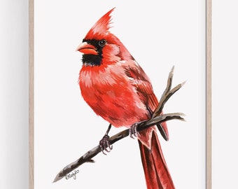 Arte de acuarela de pájaro cardenal imprimible, pintura de cardenal norteño masculino, decoración de pájaros de jardín, cartel de vida silvestre de aves DESCARGA INSTANTE