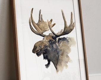 Moose Art PRINT, Watercolor Moose Painting, Woodland Animal Wall Art, Rustic Cabin Decor, Print from Original Watercolour Painting Unframed