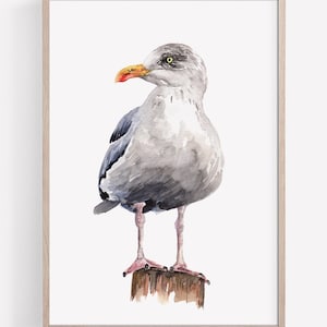 PRINTABLE Seagull Watercolour Art, Seaside Bird Painting, Beach House Decor, Herring Gull Ocean Wildlife Poster INSTANT DOWNLOAD image 1