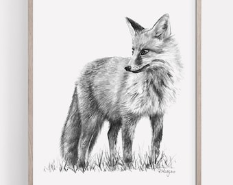 PRINTABLE Fox Art Print, Red Fox Pencil Drawing Wall Art, Woodland Decor Animal Sketch, Wildlife Poster INSTANT DOWNLOAD