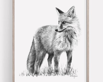 PRINTABLE Fox Art Print, Red Fox Pencil Drawing Wall Art, Woodland Decor Animal Sketch, Wildlife Poster INSTANT DOWNLOAD