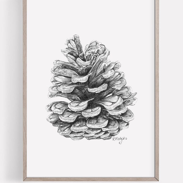 PRINTABLE Pine Cone Art Print, Graphite Pencil Drawing, Woodland Decor, Pine Cone Sketch, Nature Poster INSTANT DOWNLOAD