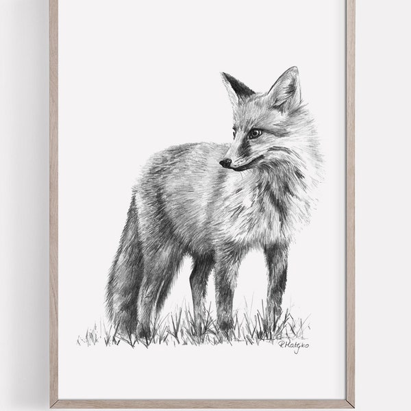 PRINTABLE Fox Art Print, Red Fox Pencil Drawing Wall Art, Woodland Decor Animal Sketch, Wildlife Poster INSTANT DOWNLOAD