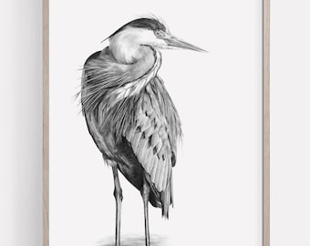 PRINTABLE Heron Art Print, Great Blue Heron Pencil Drawing, Wading Bird Sketch Wall Art Nature Wildlife Poster INSTANT DOWNLOAD