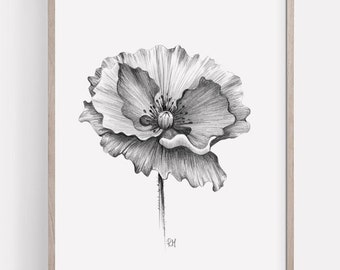 PRINTABLE Poppy Art Print, Poppy Graphite Pencil Drawing, Printable Botanical Wall Art, Flower Sketch, Nature Poster INSTANT DOWNLOAD