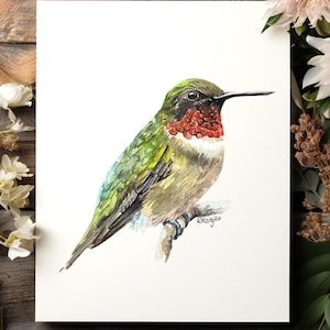 ORIGINAL Hummingbird Watercolor Painting, Ruby-Throated Hummingbird Wall Art, American Garden Bird, Original Watercolour Artwork Unframed