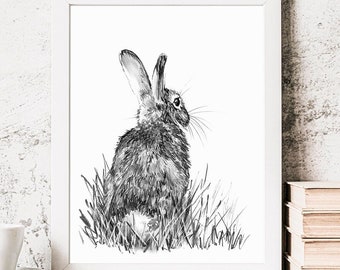 PRINTABLE Bunny Wall Art Print, Charcoal Sketch, Rabbit Drawing, Wildlife Poster INSTANT DOWNLOAD