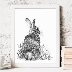 PRINTABLE Bunny Wall Art Print, Charcoal Sketch, Rabbit Drawing, Wildlife Poster INSTANT DOWNLOAD