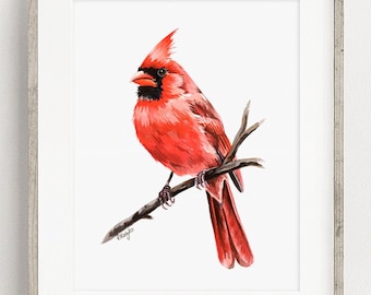 Cardinal Art PRINT, Northern Cardinal Bird Watercolor Painting Wall Art, Garden Bird Decor Print from Original Watercolour Painting Unframed