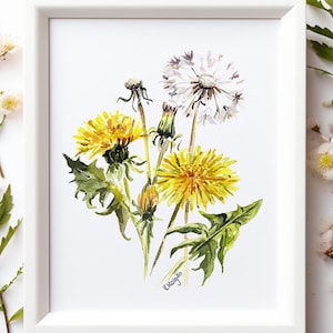 Dandelions Study Art PRINT, Garden Meadow Wildflowers Watercolour Painting Wall Art, Spring Summer Dandelion Yellow Floral Modern Decor
