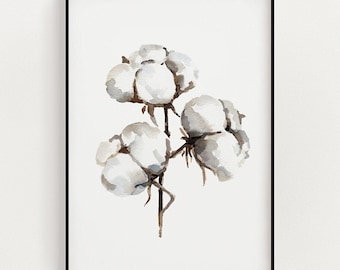 PRINTABLE Cotton Art, Watercolor Cotton Painting, Watercolour Cotton Plant Print, Rustic Cottagecore Neutral Nursery Decor Instant Download