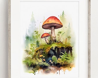 Mushroom Art PRINT, Mushroom Watercolor Painting Wall Art, Woodland Watercolour Art Modern Decor