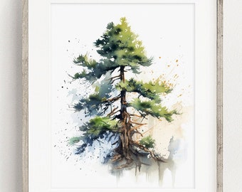 Pine Tree Art PRINT, Tree Watercolor Painting Wall Art, Green Tree Watercolour Art Modern Decor