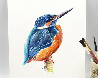 ORIGINAL Kingfisher Watercolour Painting, Bird Wall Art, British Wildlife Decor, Bird Watching Gift, Original Artwork Unframed
