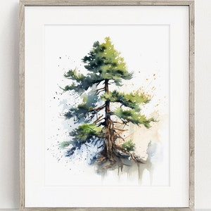 Pine Tree Art PRINT, Tree Watercolor Painting Wall Art, Green Tree Watercolour Art Modern Decor