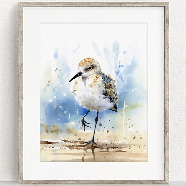Sanderling Art PRINT, kustvogel aquarel schilderij kunst aan de muur, vogels kijken cadeau, strandloper aquarel modern decor