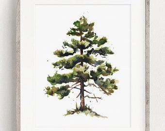 May include: A watercolor painting of a green pine tree with a brown trunk. The tree is painted on a white background and is framed in a light gray frame.