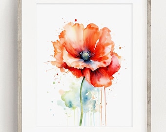 Poppy Art PRINT, Flower Watercolor Painting Wall Art, Red Poppy Flower Modern Decor