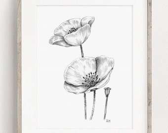 PRINTABLE Poppies Art Print, Poppy Graphite Pencil Drawing, Botanical Wall Art, Wildflower Sketch, Nature Poster INSTANT DOWNLOAD