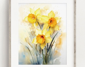 Daffodils Art PRINT, Yellow Flower Watercolour Painting Wall Art, Spring Floral Modern Decor