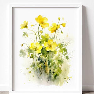 Watercolor Painting, Buttercup Floral Watercolor Print, Simple Art