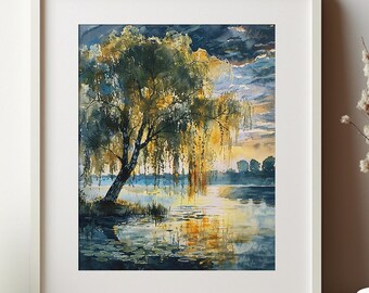 Weeping Willow Tree Art PRINT, Lake at Sunset Watercolour Painting Wall Art, Spring Modern Decor
