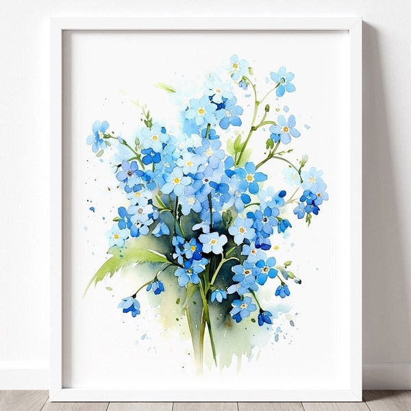 Forget-me-not Art PRINT, Flower Watercolor Painting Wall Art, Blue Flowers Modern Decor