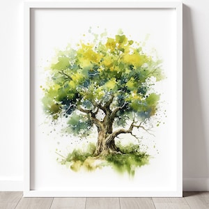 Oak Tree Art PRINT, Tree Watercolor Painting Wall Art, Green Tree Watercolour Art Modern Decor