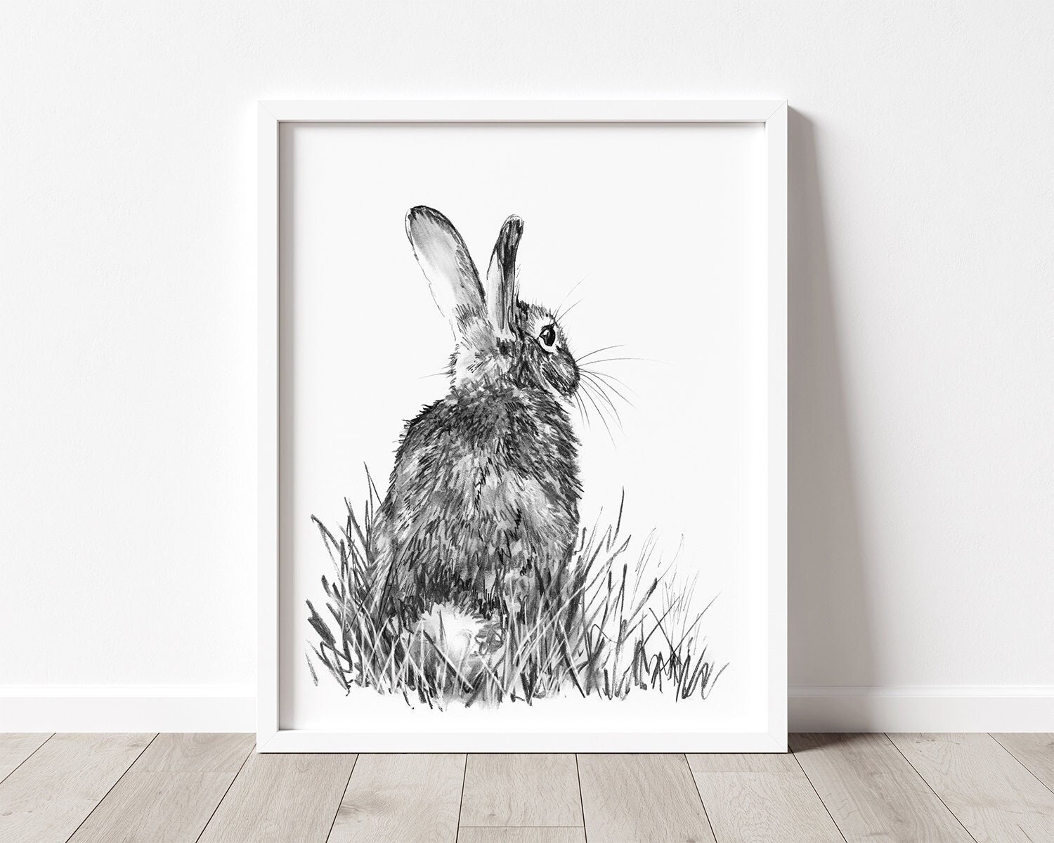 Bunny Art PRINT, Rabbit Charcoal Drawing Wall Art, Minimalist ...