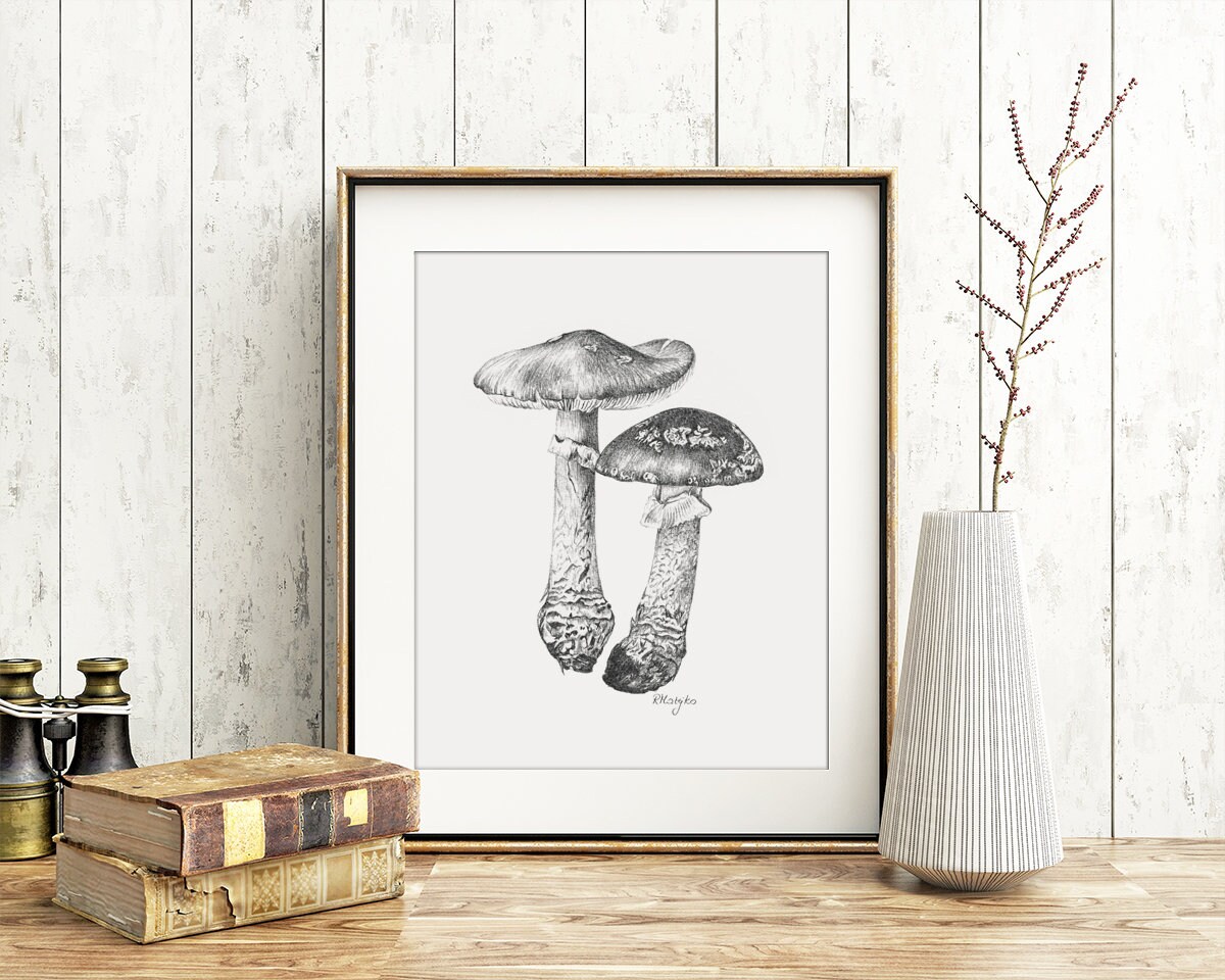 PRINTABLE Mushroom Wall Art Print Set of 3 Graphite Pencil Etsy