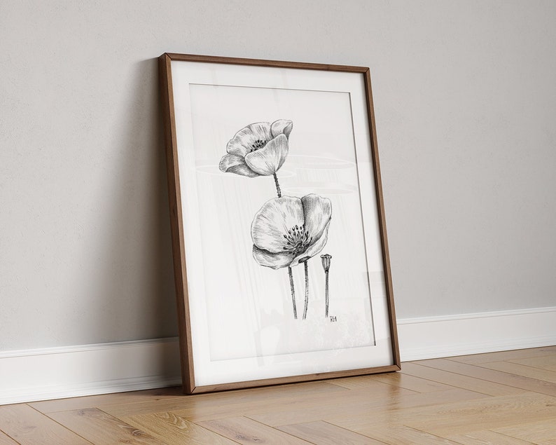 Poppies Art PRINT, Wildflower Wall Art, Nature Decor, Poppy Floral Sketch, Print from Original Pencil Sketch Unframed image 1