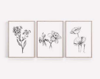 Wildflowers Art PRINT Set of 3, Flower Pencil Drawing Wall Art, Daffodil Poppy Forget-Me-Not Prints from Original Pencil Art Sketch Unframed
