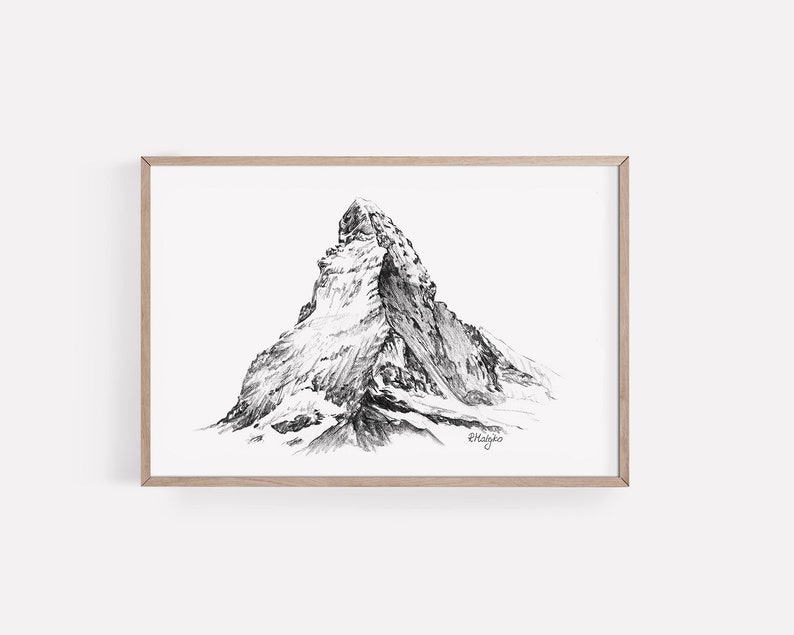 PRINTABLE Mountain Landscape Art Print, Matterhorn Pencil Drawing, Minimalist Sketch, Black and White Poster INSTANT DOWNLOAD image 5
