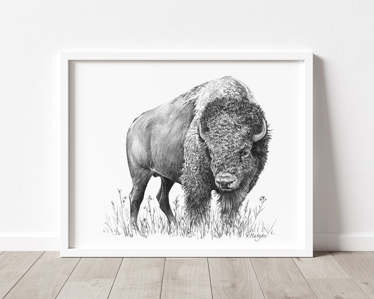 Tile Bison Engraving Art Buffalo America Yellowstone Decor Wildlife Nature