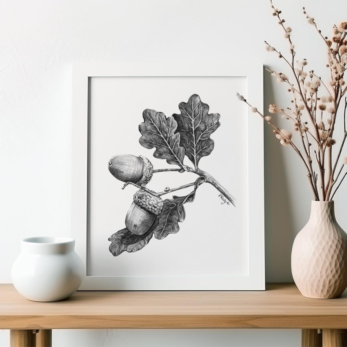 Acorn Art PRINT, Nut Graphite Pencil Drawing, Woodland Decor