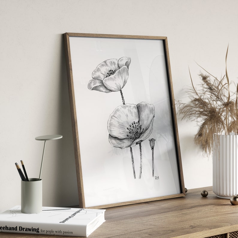 Poppies Art PRINT, Wildflower Wall Art, Nature Decor, Poppy Floral Sketch, Print from Original Pencil Sketch Unframed image 2