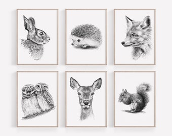 PRINTABLE Woodland Wall Art Set of 6, Pencil Drawing Autumn Animals Wall Art, Forest Woods Decor, Print from Original Pencil Sketch