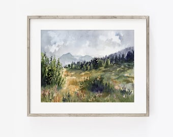 Mountain Landscape Art PRINT, Watercolour Highlands Landscape Painting
