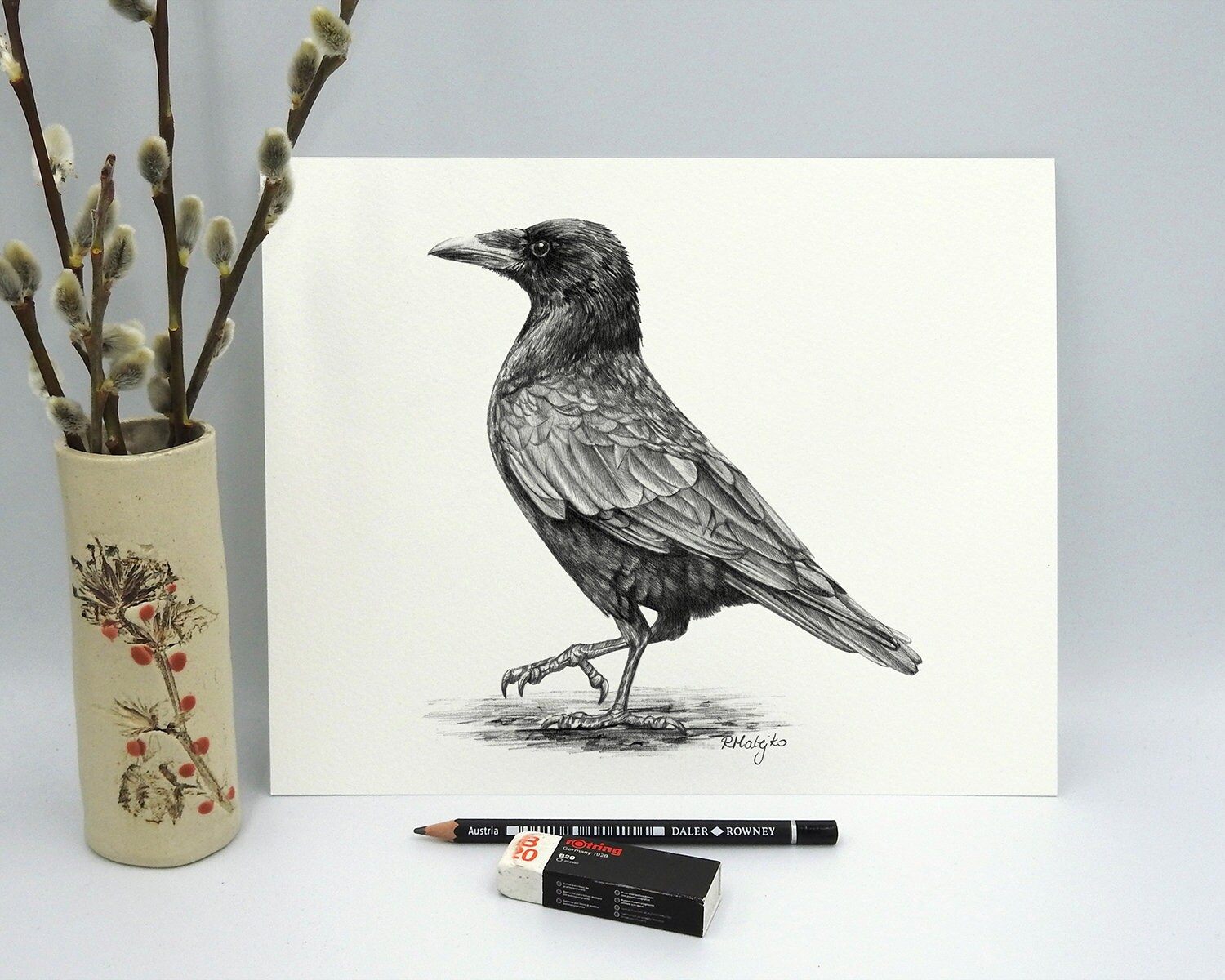 ORIGINAL Raven Pencil Drawing, Carrion Crow Bird Wall Art, Nature