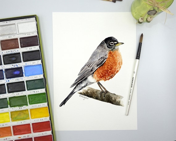 印刷可能なアメリカロビンの水彩画、ロビンの絵画、アメリカの鳥の装飾