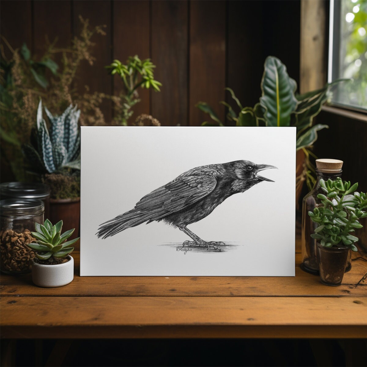 ORIGINAL Raven Pencil Drawing, Carrion Crow Bird Wall Art, Nature