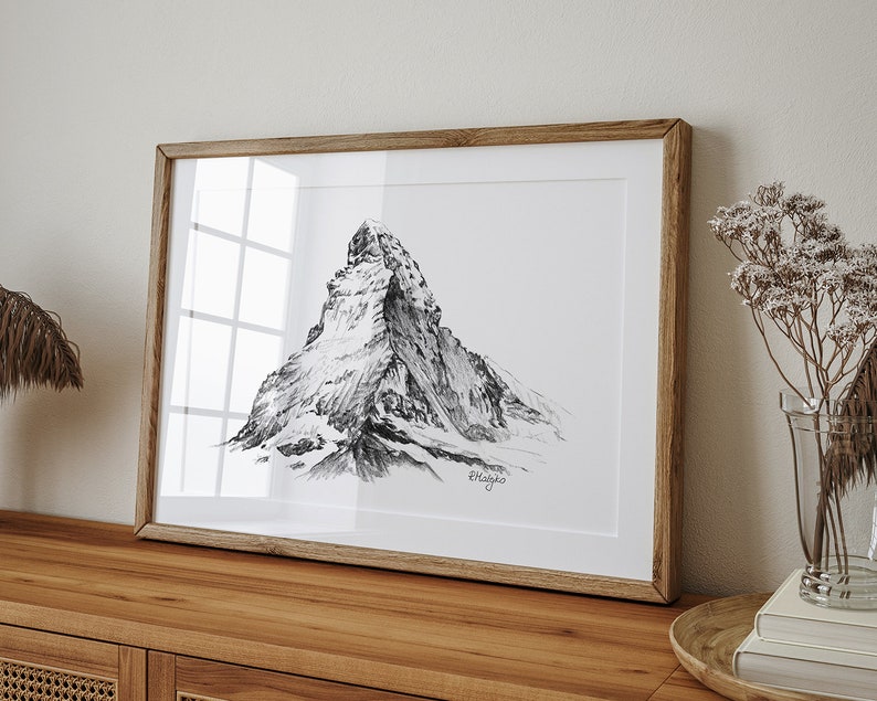PRINTABLE Mountain Landscape Art Print, Matterhorn Pencil Drawing, Minimalist Sketch, Black and White Poster INSTANT DOWNLOAD image 2