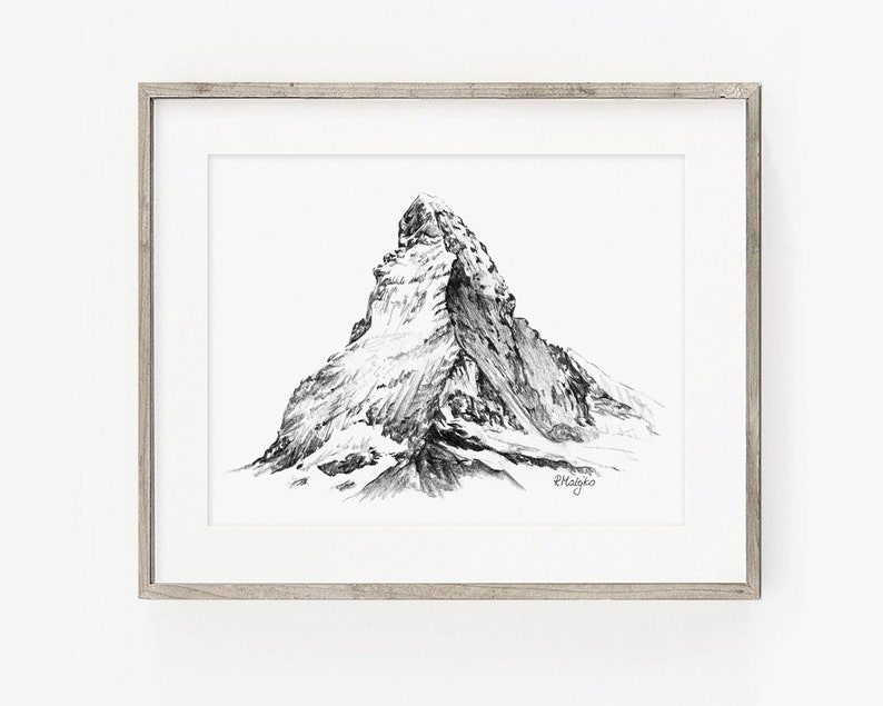 PRINTABLE Mountain Landscape Art Print, Matterhorn Pencil Drawing, Minimalist Sketch, Black and White Poster INSTANT DOWNLOAD image 1