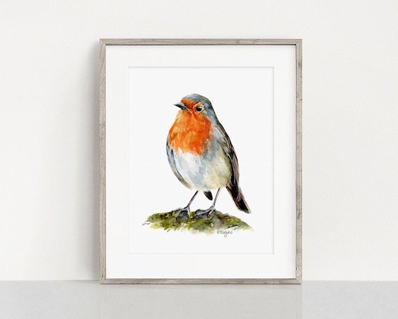 印刷可能なロビンの水彩画、ロビンのコマドリの絵画、英国の鳥の装飾