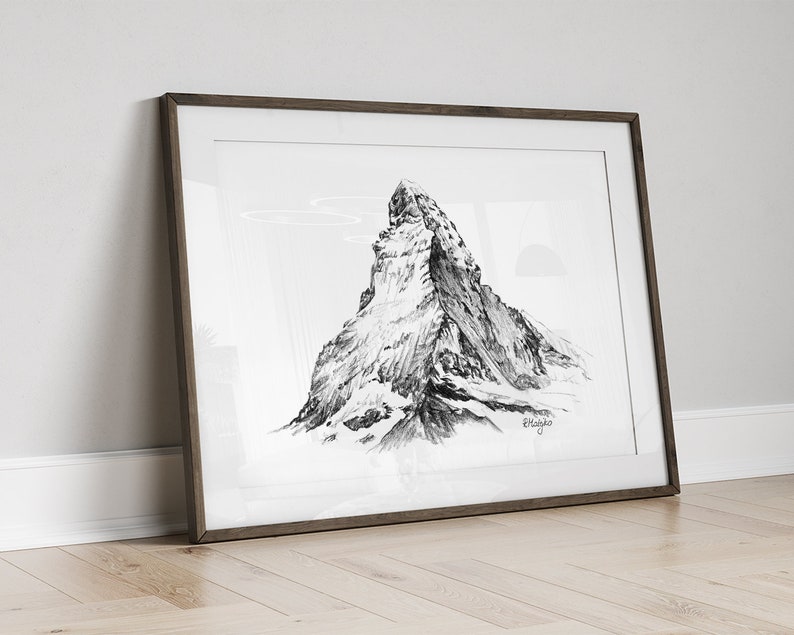 PRINTABLE Mountain Landscape Art Print, Matterhorn Pencil Drawing, Minimalist Sketch, Black and White Poster INSTANT DOWNLOAD image 4