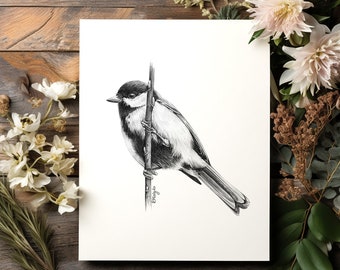 ORIGINAL Great Tit Pencil Drawing, British Garden Birds, Bird Watching Gift, Wildlife Sketch Unframed
