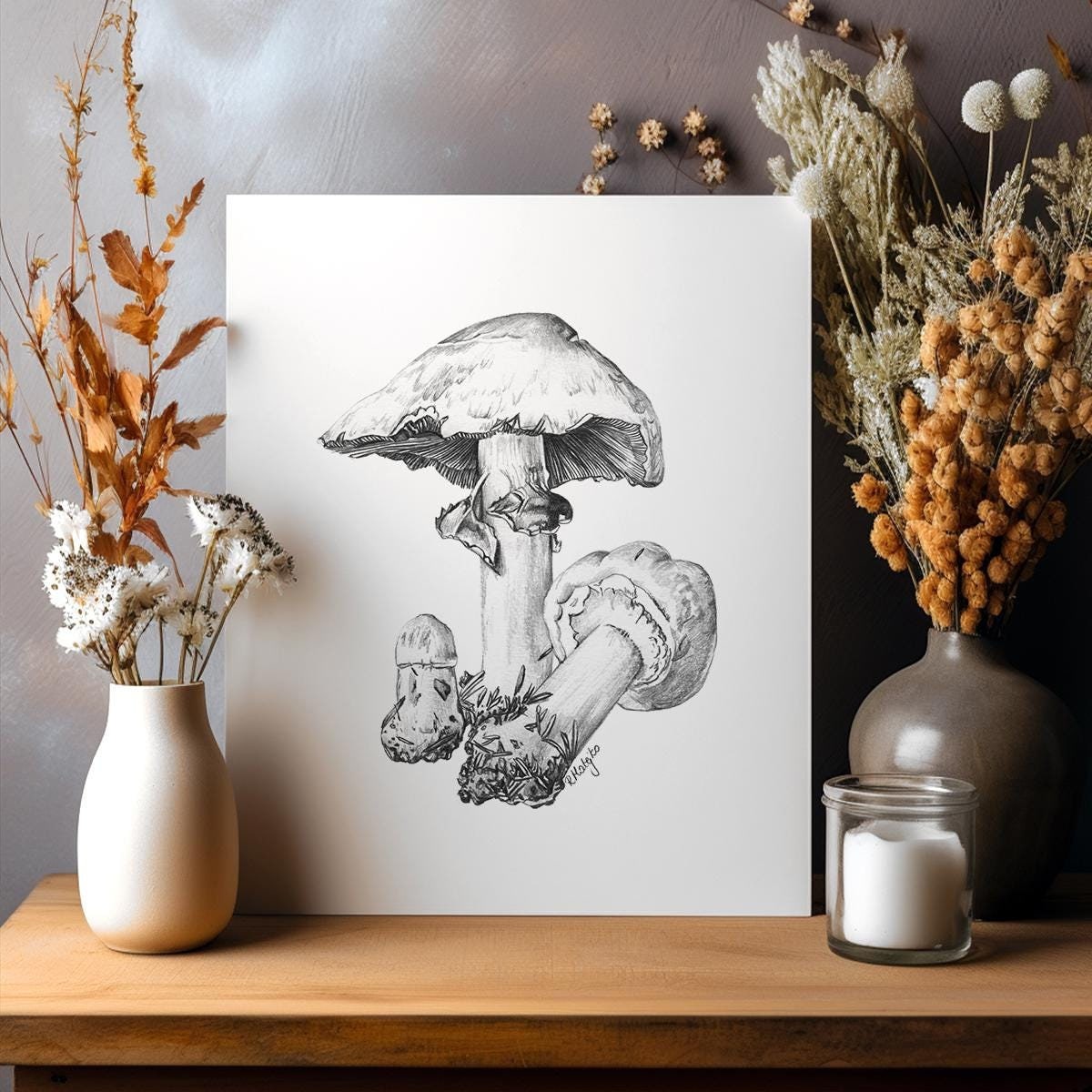 ORIGINAL Mushroom Pencil Drawing, Mushroom Wall Art, Forest Woodland Nature Decor, Unique Gift, Original Pencil Sketch Artwork Unframed
