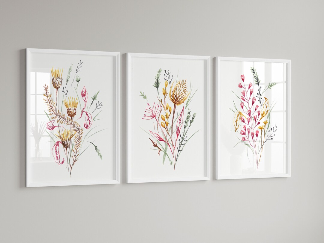 Wildflowers Art PRINT Set of 3 Meadow Flowers Pencil Drawing - Etsy