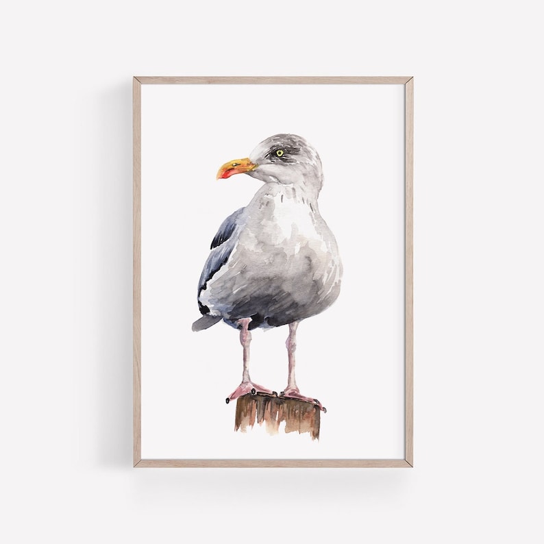 PRINTABLE Seagull Watercolour Art, Seaside Bird Painting, Beach House Decor, Herring Gull Ocean Wildlife Poster INSTANT DOWNLOAD image 1
